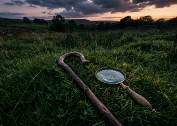 A shepherd's crook and a magnifying glass resting in a green field under dramatic lighting.