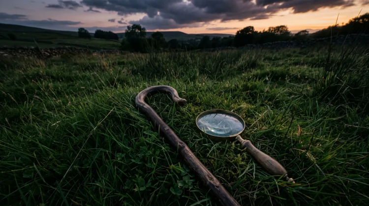 A shepherd's crook and a magnifying glass resting in a green field under dramatic lighting.