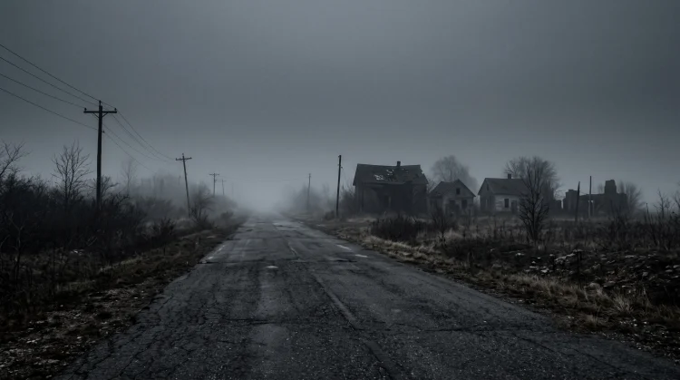 A conceptual image of a fog-covered road leading into a mysterious town.