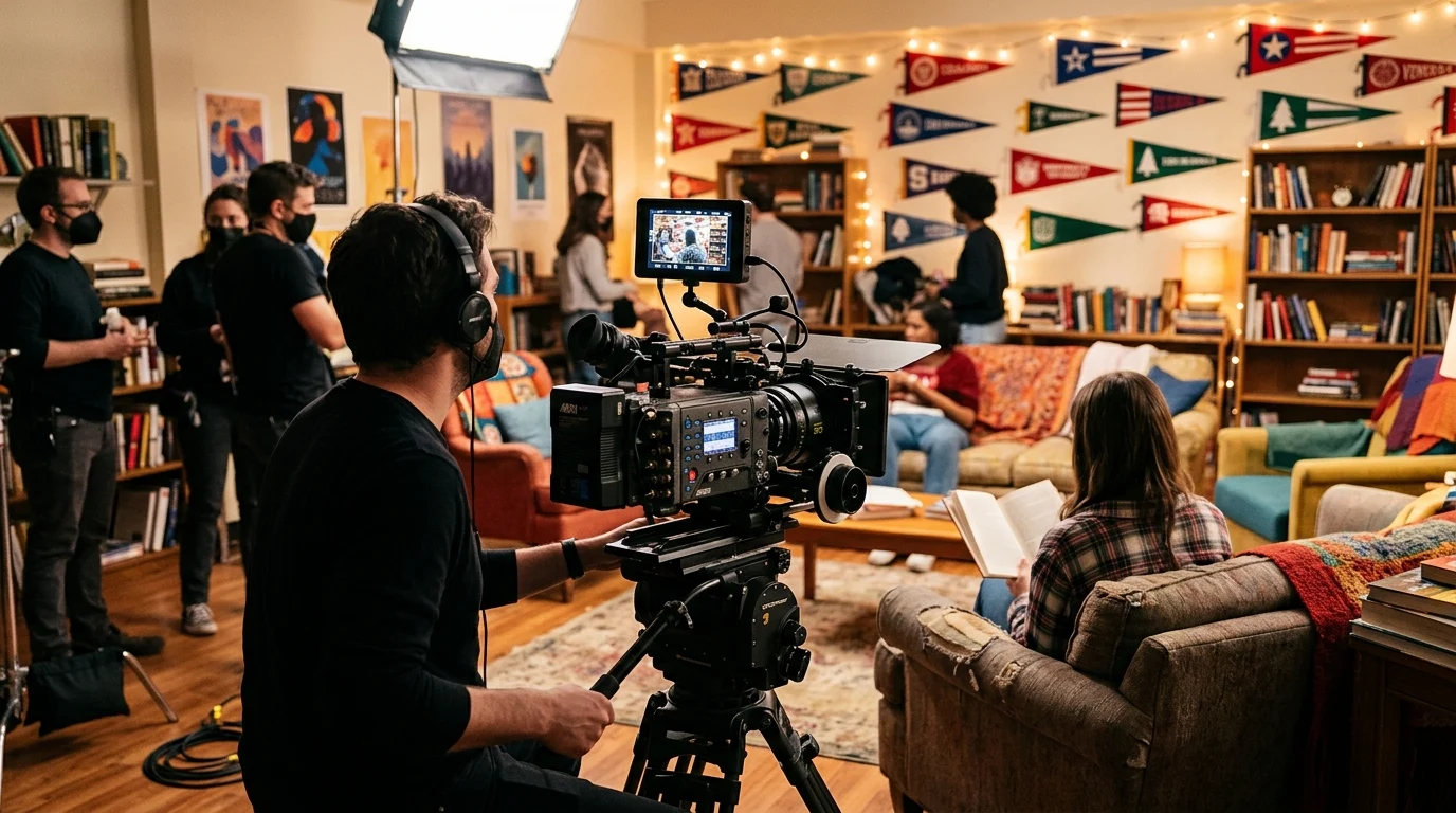 A professional single-camera television production set in a collegiate environment.