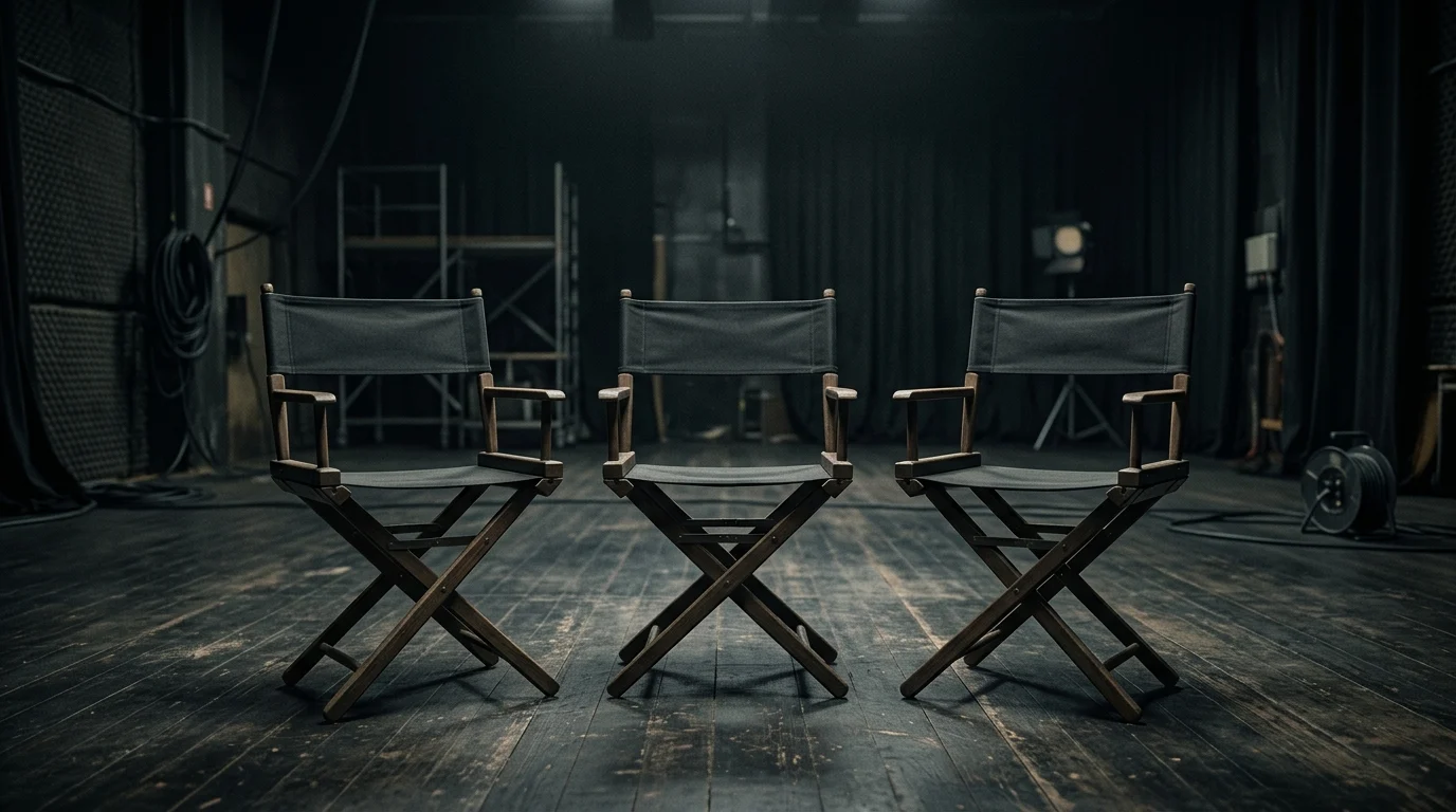 Three empty director's chairs on a dark set.