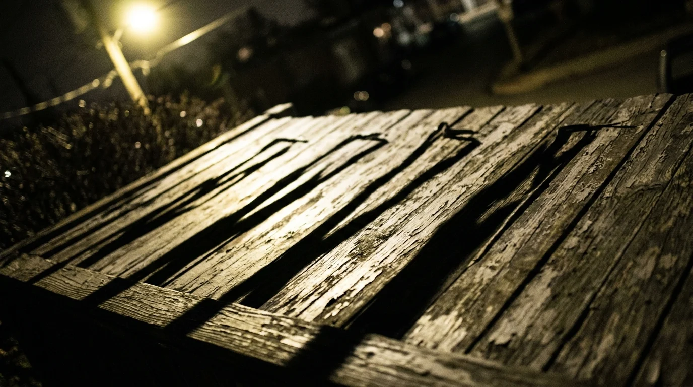 A silhouette of sharp metal shadows on a wooden fence.