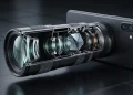 A conceptual view of a smartphone teleconverter lens showing internal optical elements.