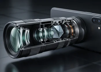 A conceptual view of a smartphone teleconverter lens showing internal optical elements.