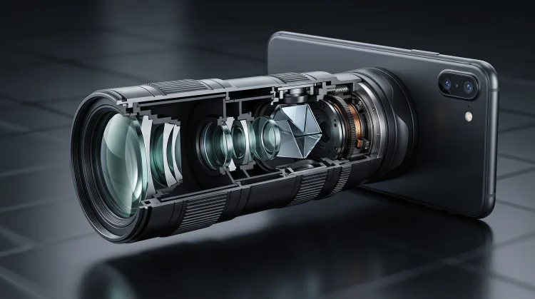 A conceptual view of a smartphone teleconverter lens showing internal optical elements.