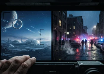 A conceptual artistic representation of a filmmaker's transition from science fiction to urban crime drama.
