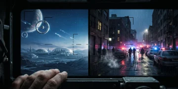 A conceptual artistic representation of a filmmaker's transition from science fiction to urban crime drama.