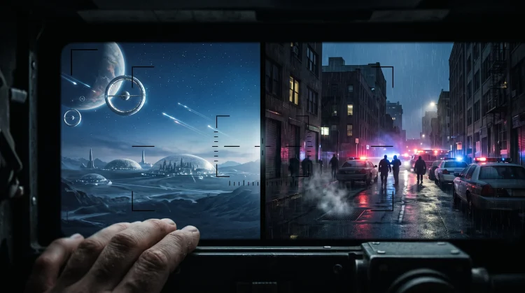 A conceptual artistic representation of a filmmaker's transition from science fiction to urban crime drama.
