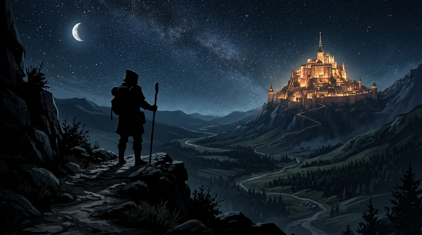 A conceptual silhouette of a fantasy traveler looking toward a distant castle.
