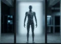 A conceptual depiction of a humanoid AI silhouette behind frosted glass.
