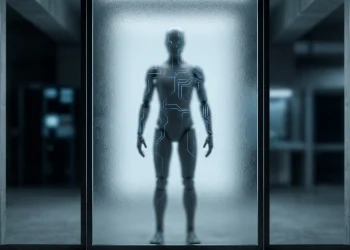 A conceptual depiction of a humanoid AI silhouette behind frosted glass.