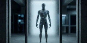 A conceptual depiction of a humanoid AI silhouette behind frosted glass.