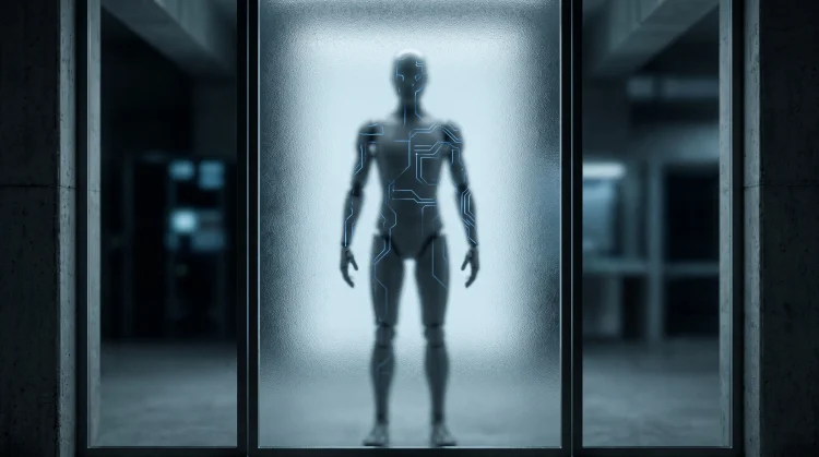 A conceptual depiction of a humanoid AI silhouette behind frosted glass.