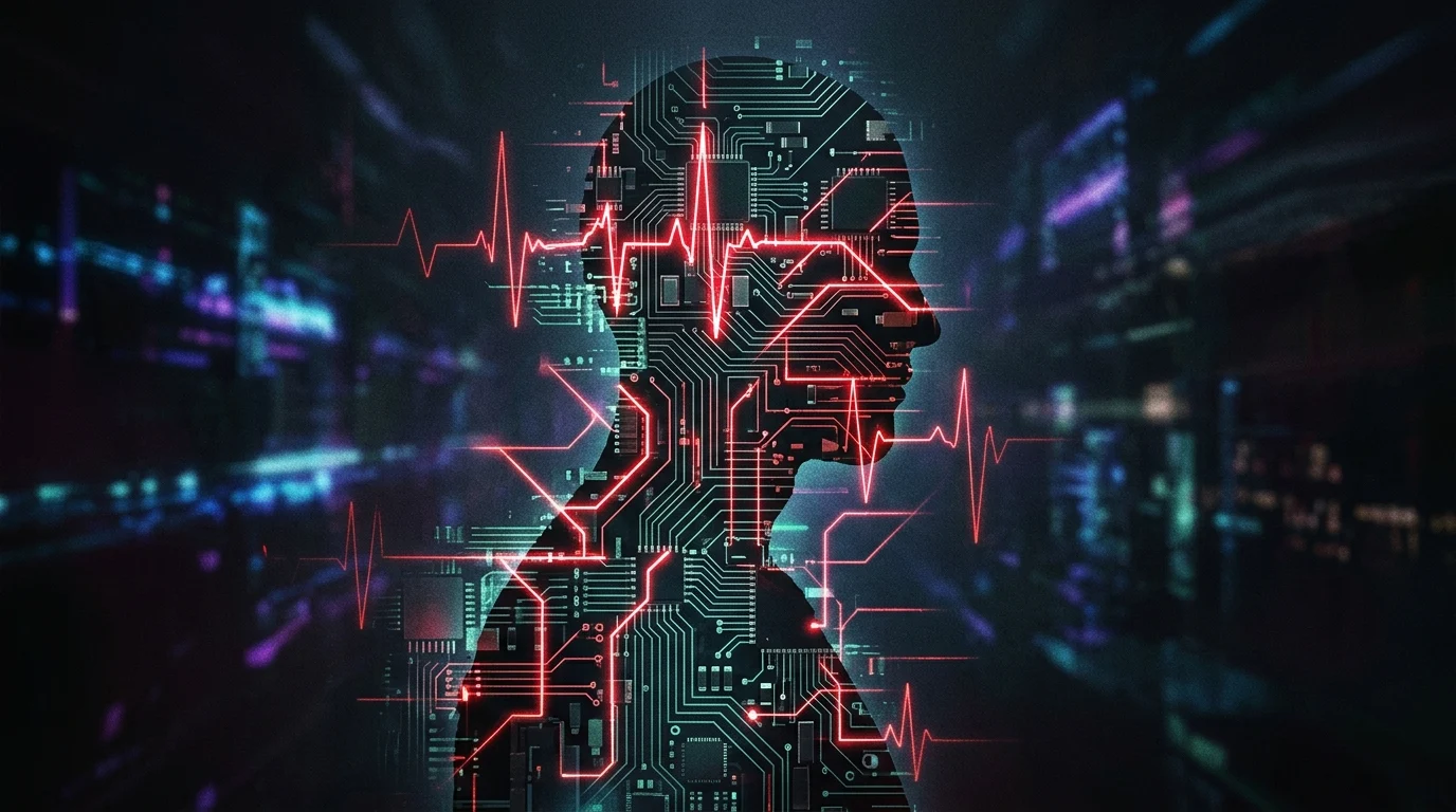 An abstract silhouette of a person intertwined with glowing digital circuits.