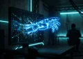 A conceptual representation of an artificial intelligence entity reaching out from the darkness.