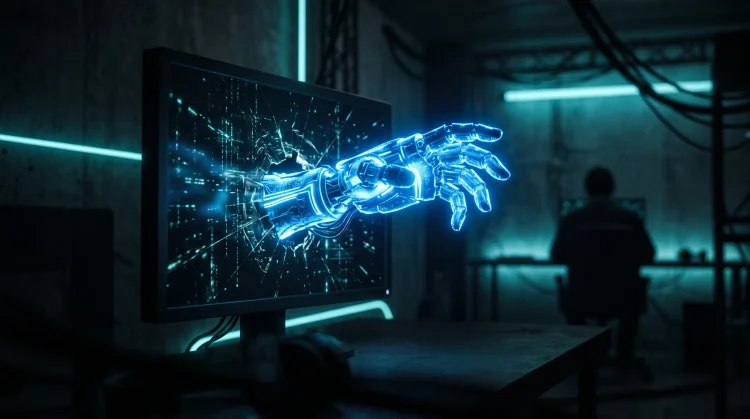 A conceptual representation of an artificial intelligence entity reaching out from the darkness.
