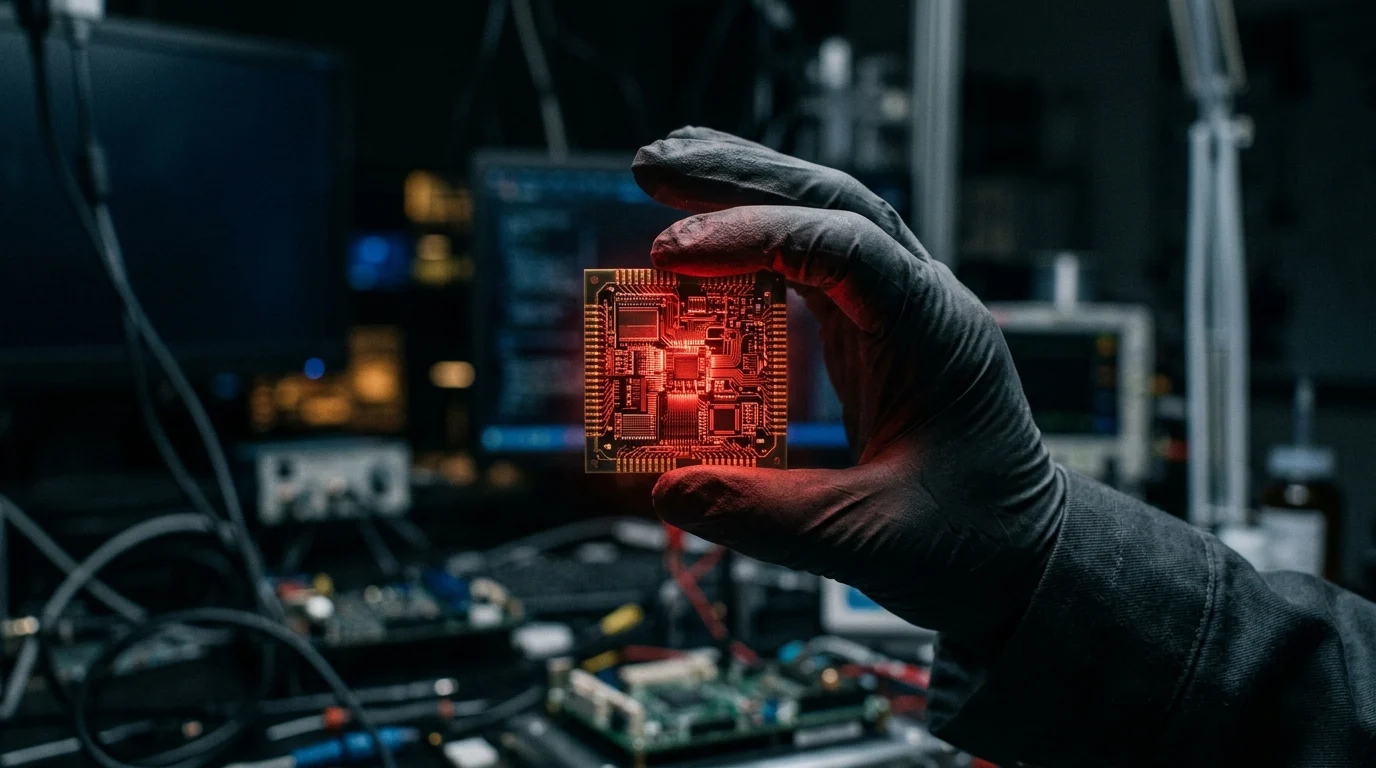 A glowing microchip held by a hand in a dark laboratory setting.