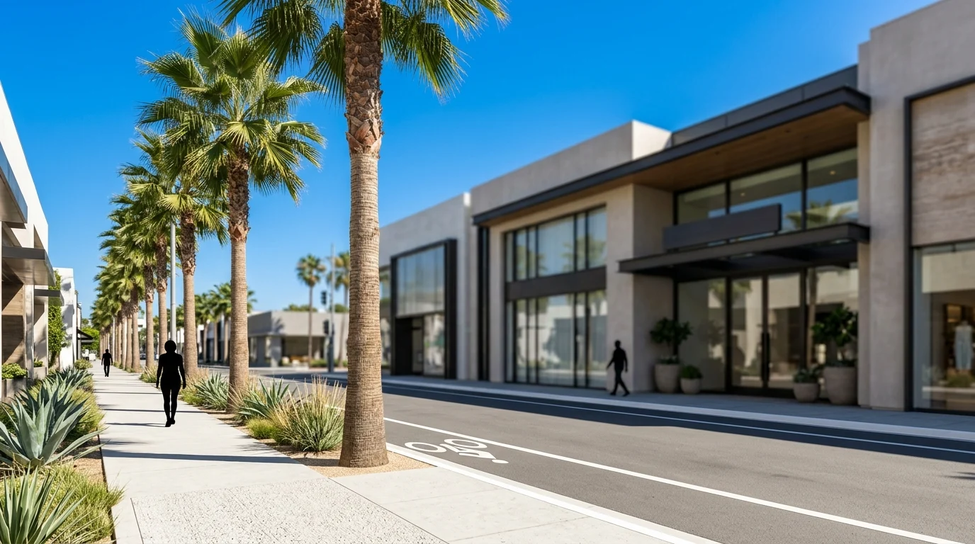 Palm trees and high-end storefronts in Southern California.
