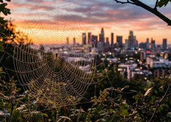 Conceptual spider web over a glowing city skyline at sunset.
