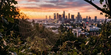 Conceptual spider web over a glowing city skyline at sunset.