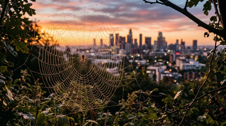 Conceptual spider web over a glowing city skyline at sunset.