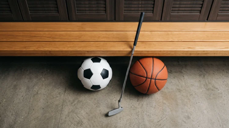 A collection of sports equipment from different disciplines representing various comedy series.