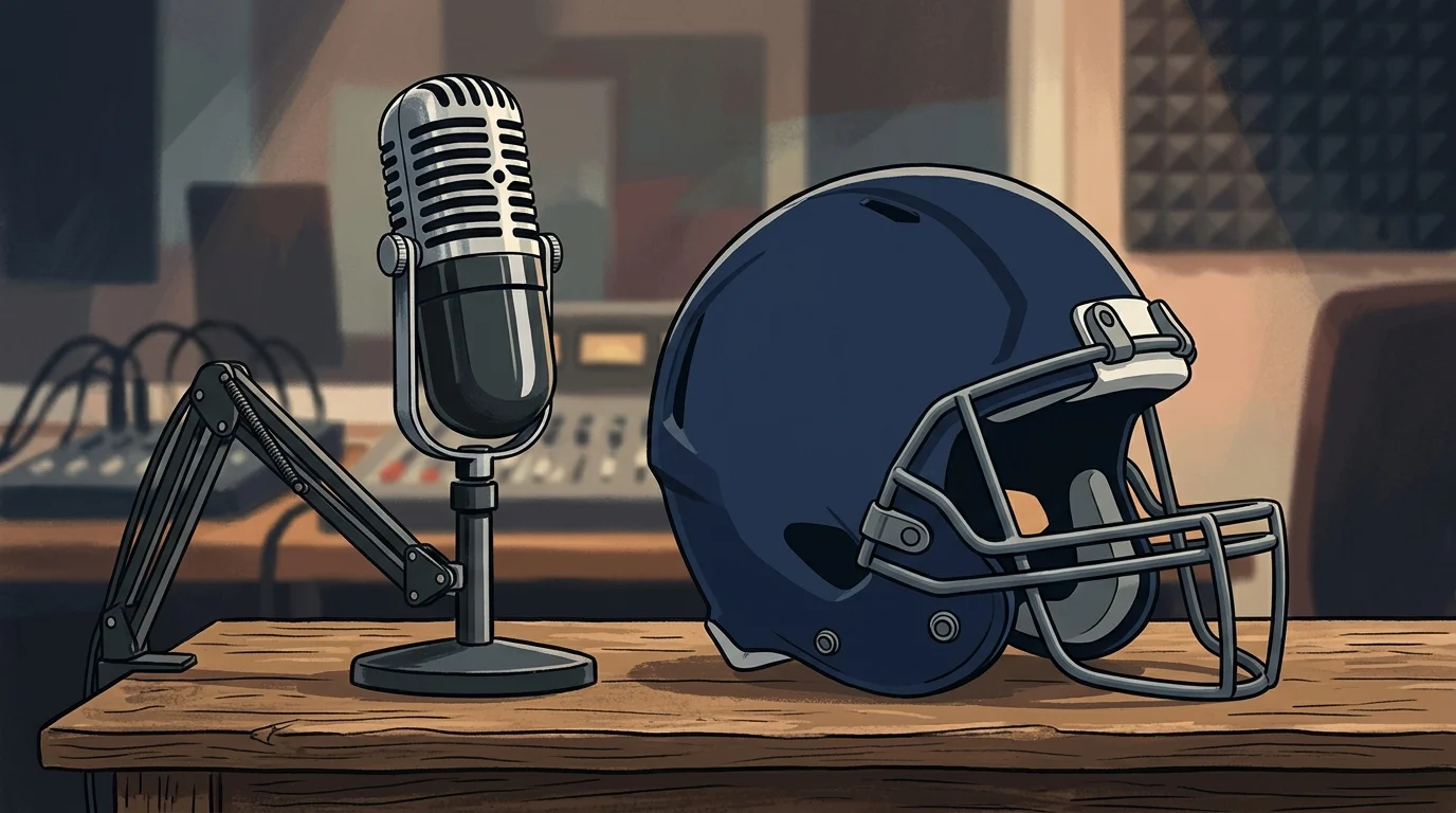 A football helmet next to a microphone.