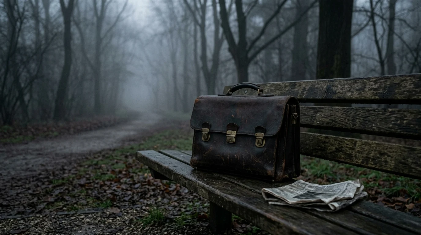 A leather briefcase on a park bench in the fog.