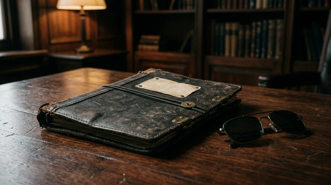 A tactical dossier and sunglasses on a desk in a dark room.