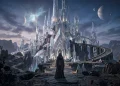 A conceptual landscape of a figure standing before a futuristic Jedi temple structure.