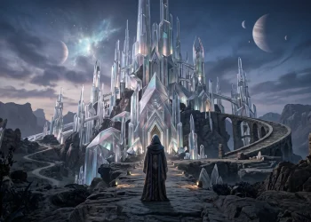 A conceptual landscape of a figure standing before a futuristic Jedi temple structure.
