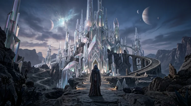 A conceptual landscape of a figure standing before a futuristic Jedi temple structure.