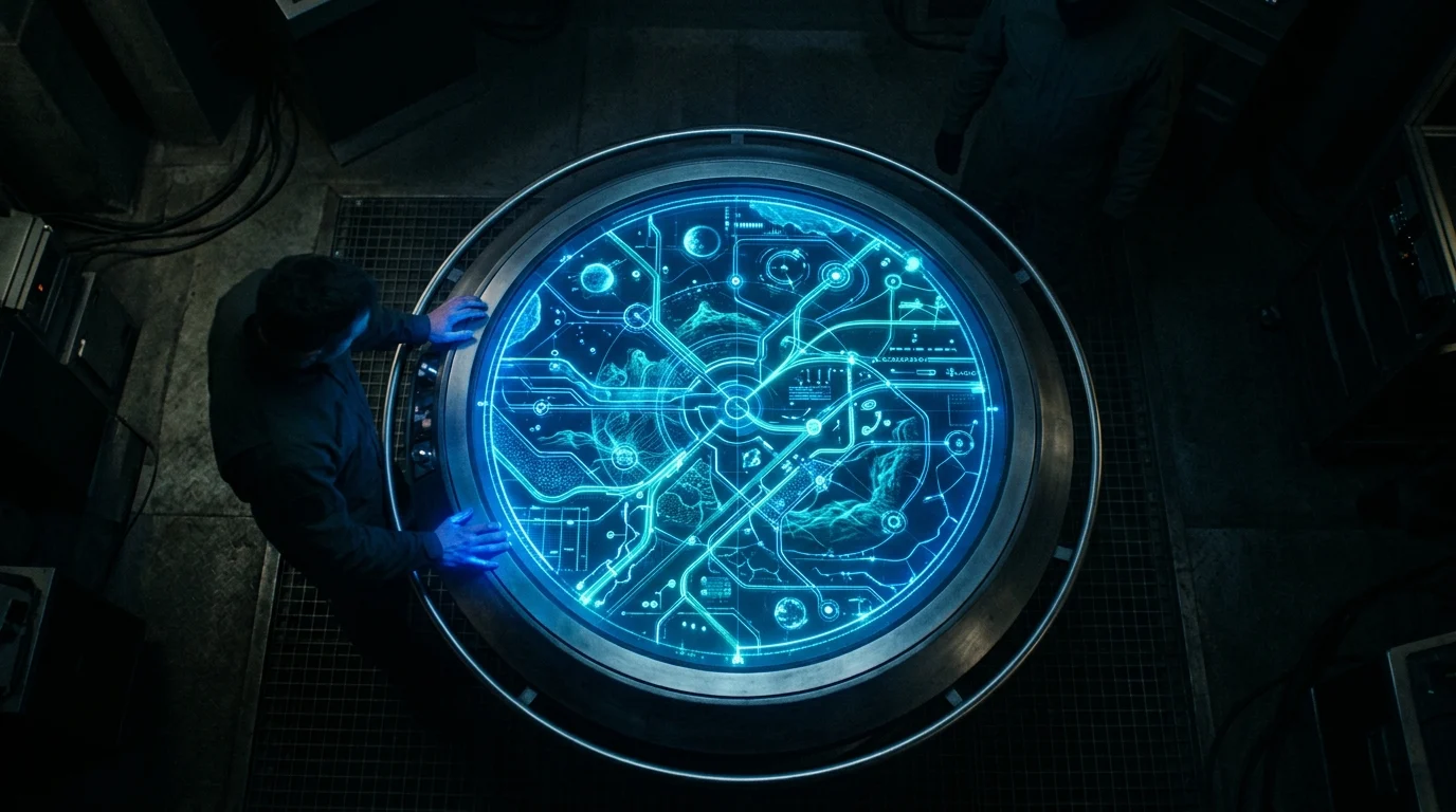 A holographic anonymous silhouettes map glowing on a console.