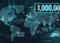 A conceptual digital display showing a million-count milestone with visual glitches.