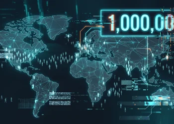 A conceptual digital display showing a million-count milestone with visual glitches.