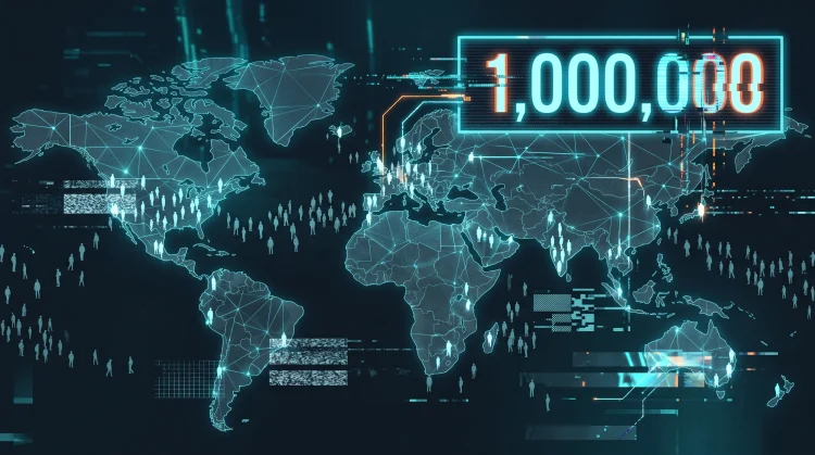 A conceptual digital display showing a million-count milestone with visual glitches.
