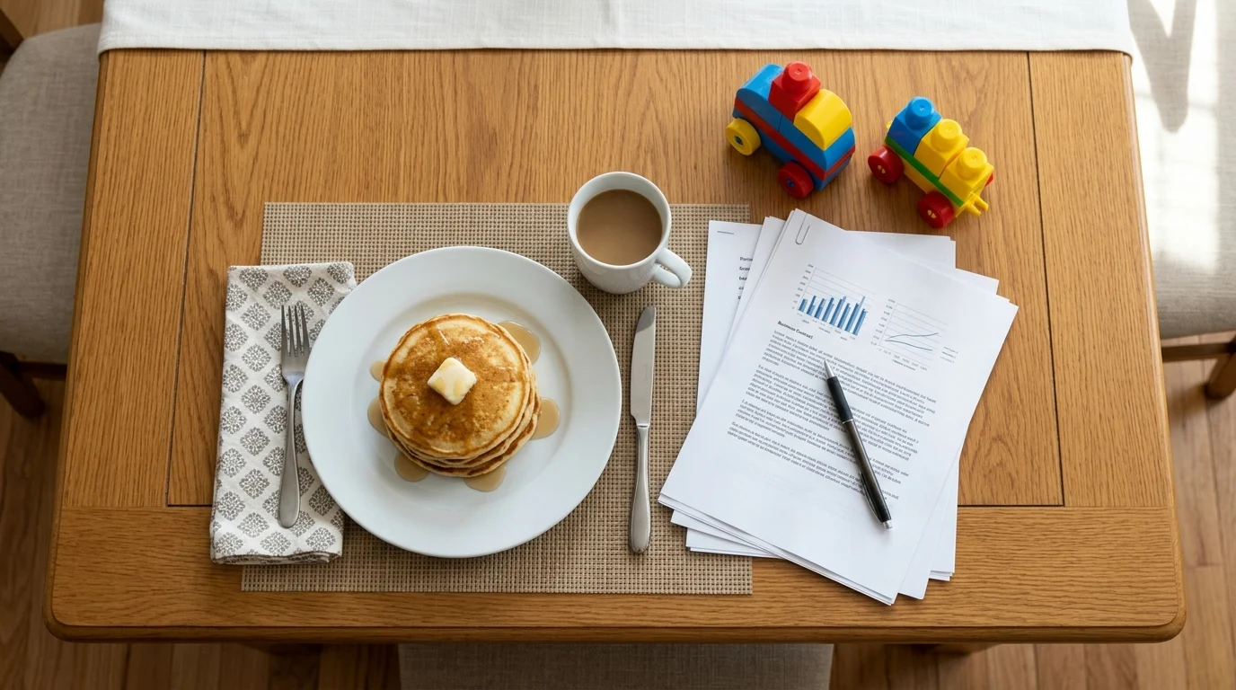 A business contract and breakfast items on a kitchen table.