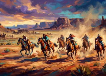 Conceptual art of a 19th-century horse race through a desert landscape.