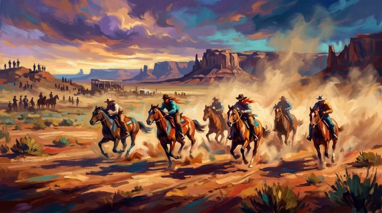 Conceptual art of a 19th-century horse race through a desert landscape.