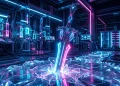A conceptual sci-fi blade glowing in a futuristic laboratory setting.