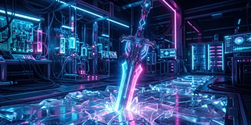 A conceptual sci-fi blade glowing in a futuristic laboratory setting.