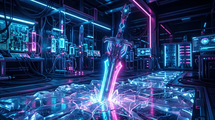 A conceptual sci-fi blade glowing in a futuristic laboratory setting.