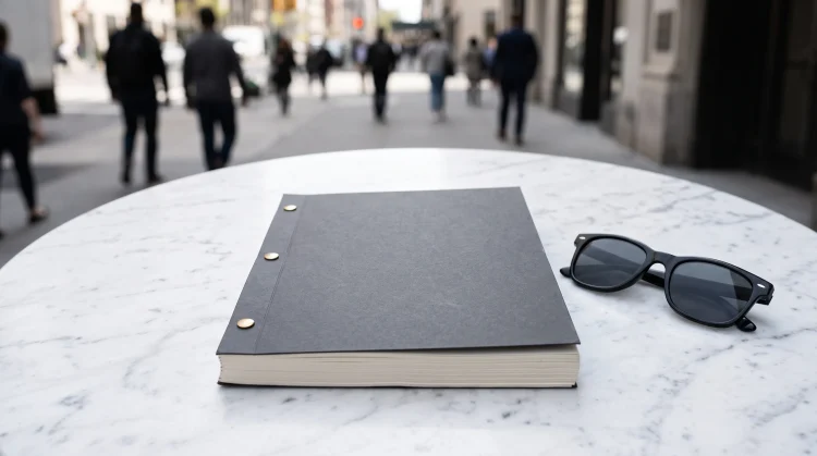 A film script for and sunglasses on a table.