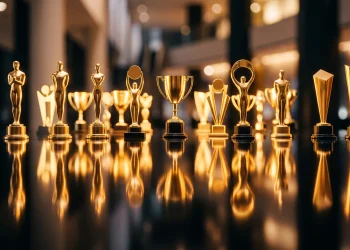 Conceptual image of golden trophies on a dark surface.