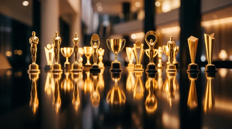 Conceptual image of golden trophies on a dark surface.