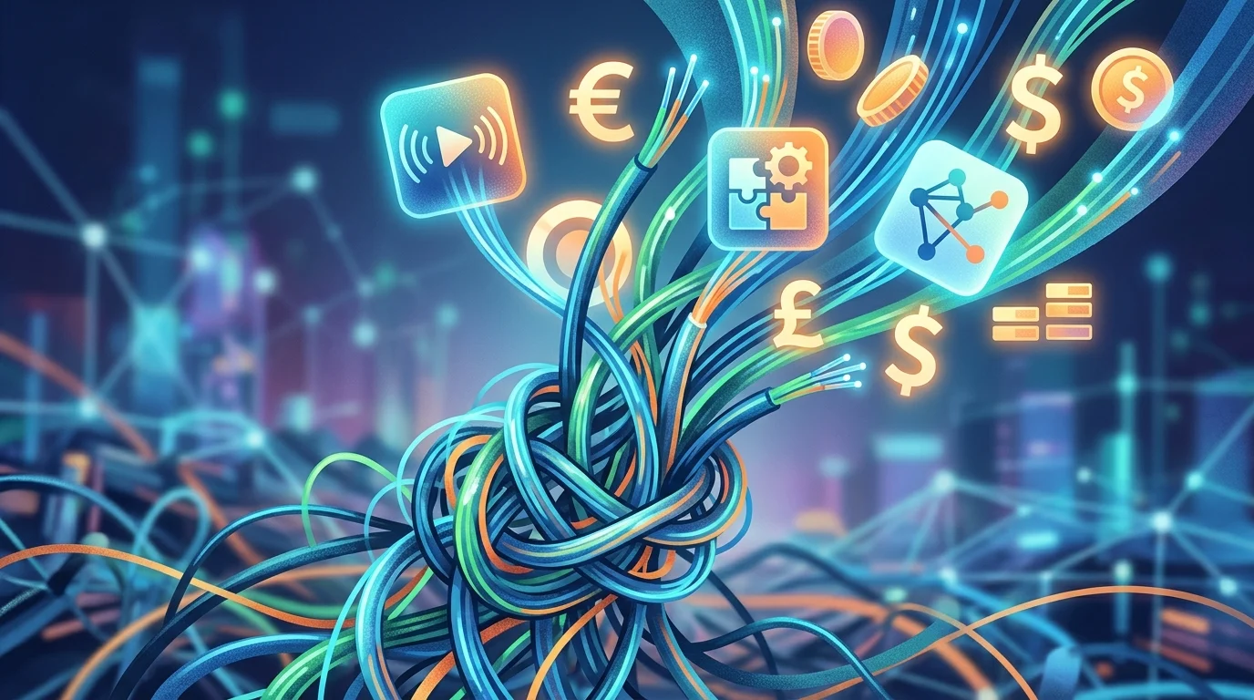 Abstract visualization of streaming services and currency symbols representing consolidation.