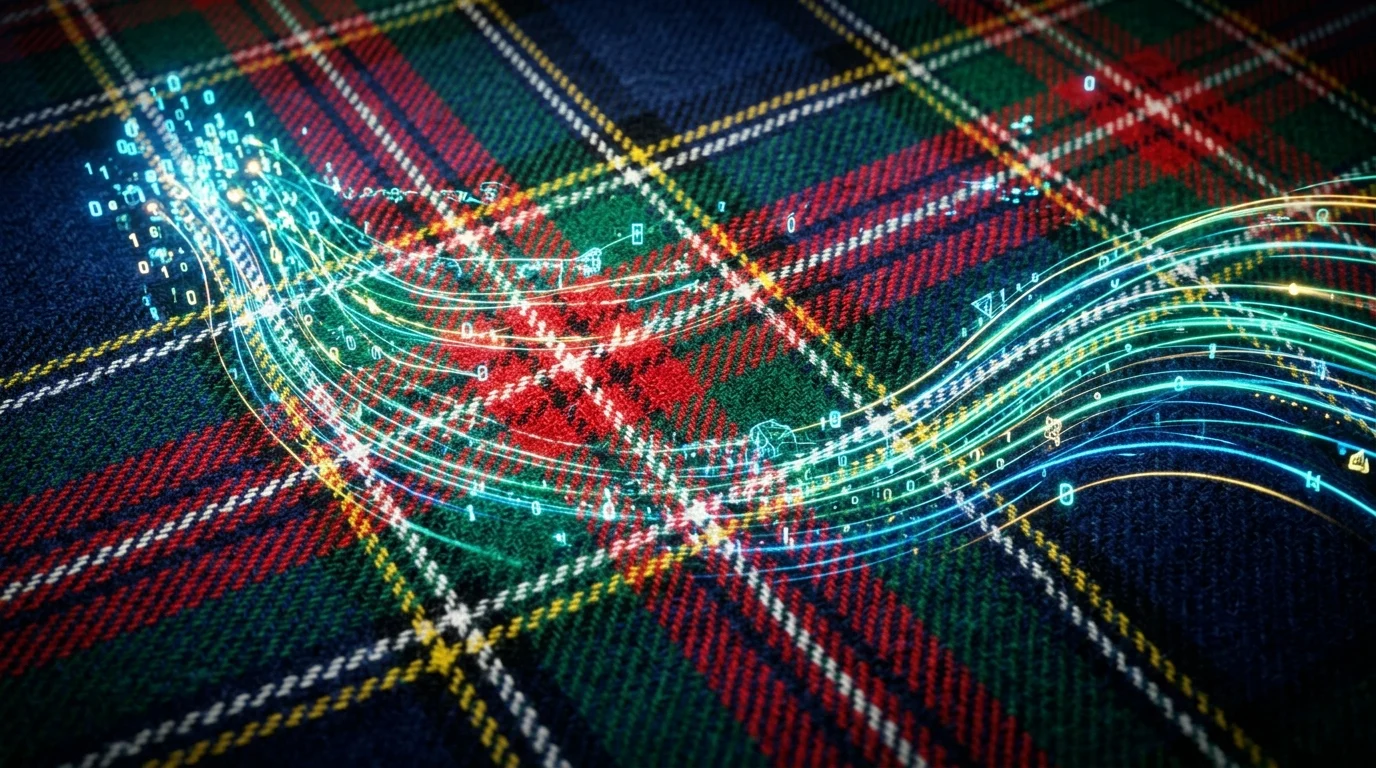 Abstract digital data lines intersecting with a classic Scottish tartan weave.