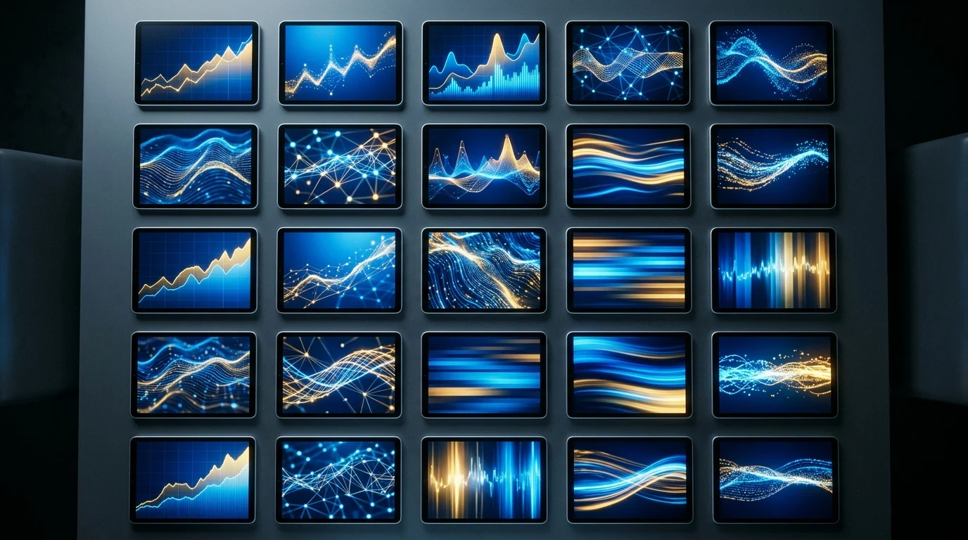 Abstract digital screens displaying data patterns.