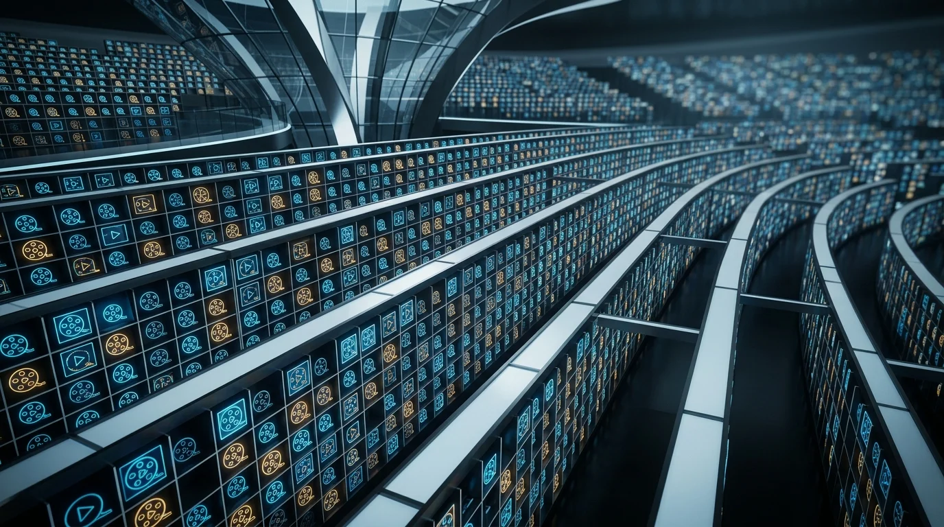 Conceptual digital library shelves showing a vast collection of media content.