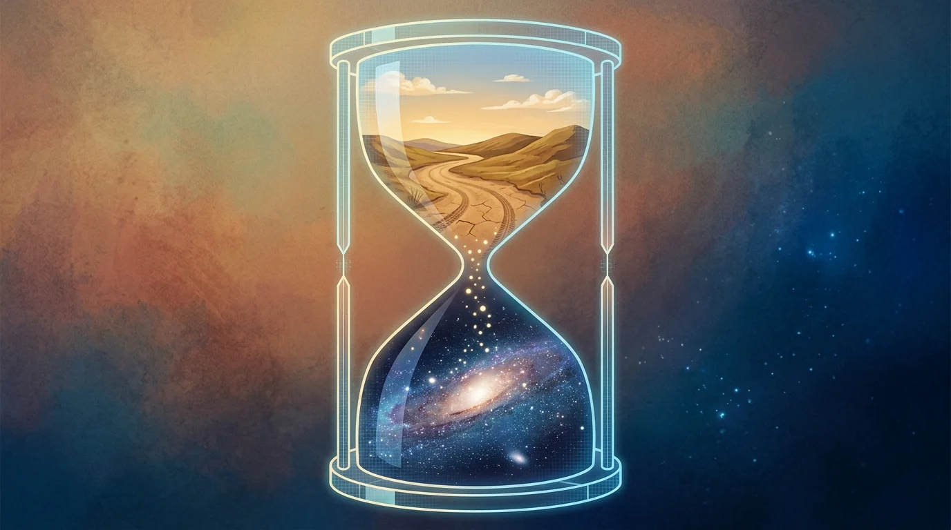 A conceptual hourglass with desert and space themes inside.